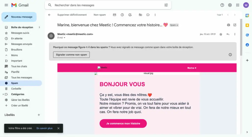 mailbox confirmation of spam filtering of meetic 2