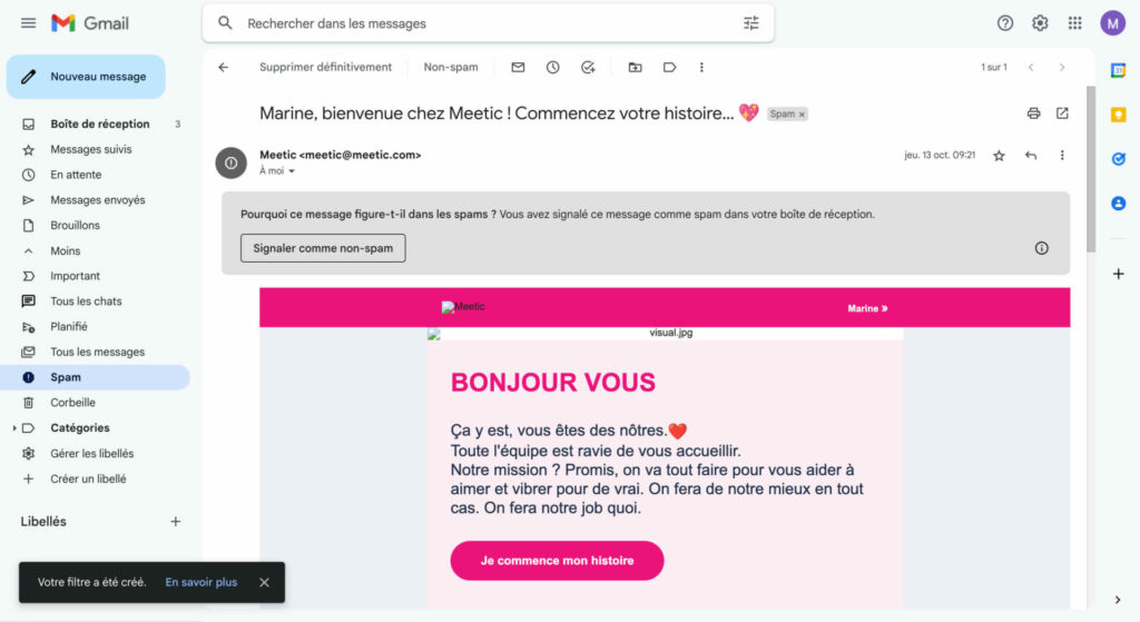 boite mail confirmation du filtrage des messages spams de meetic 2