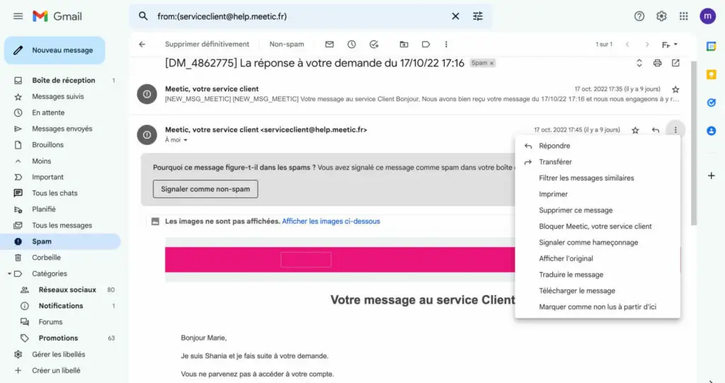 mailbox spam filter messages meetic 2