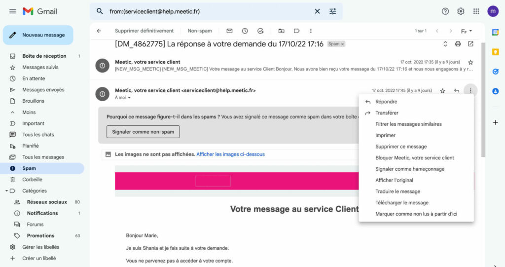 boite mail filtre spam messages meetic 2