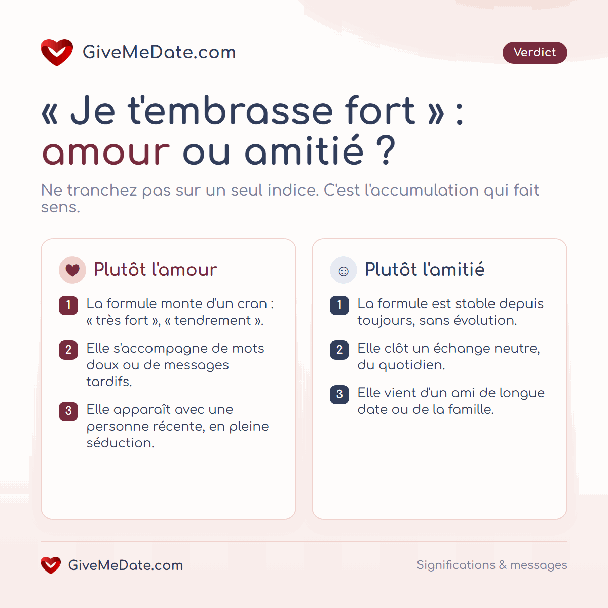 Je t'embrasse fort, amour ou amitié : 3 indices qui penchent vers l'amour et 3 vers l'amitié