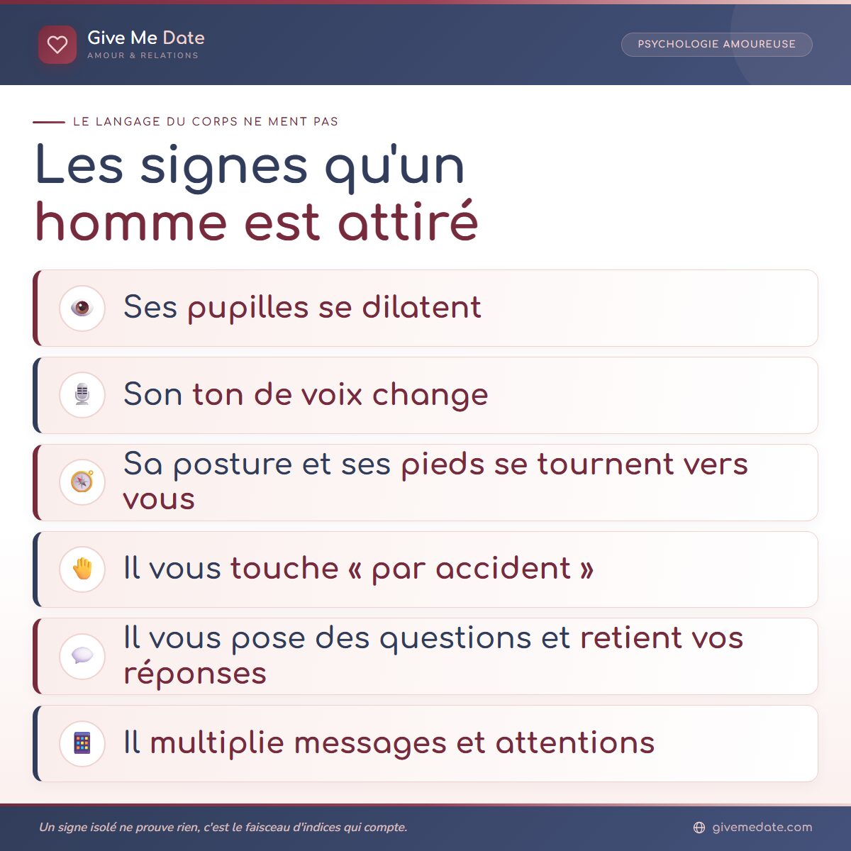Les signes qu'un homme est attiré : pupilles, posture, pieds tournés, toucher accidentel