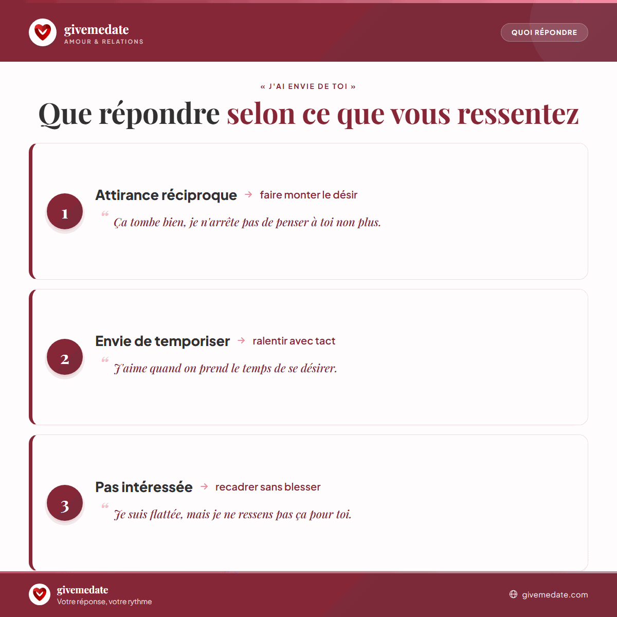Trois façons de répondre à « j'ai envie de toi » par SMS selon que l'attirance est réciproque, à temporiser ou absente